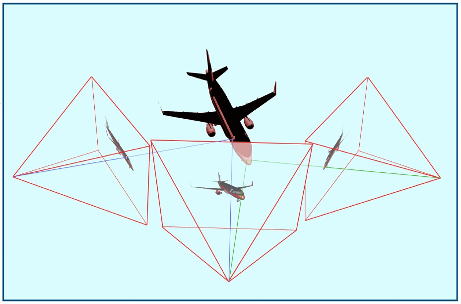 Airplane views and camera frustums illustrating multi-view geometric consistency for surface mapping.