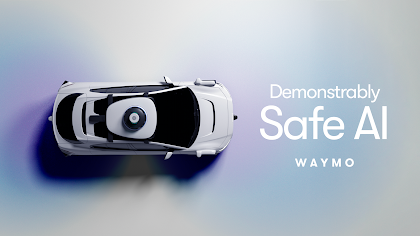 Official Waymo article artwork with an overhead vehicle view and the words Demonstrably Safe AI.